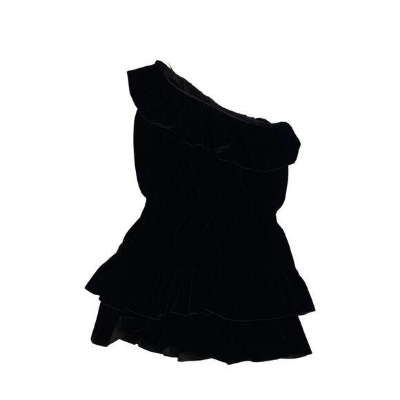 Joie Black Velvet One Shoulder Ruffle Tiered Mini Dress Silk Blend Medium Fairy - Picture 2 of 12